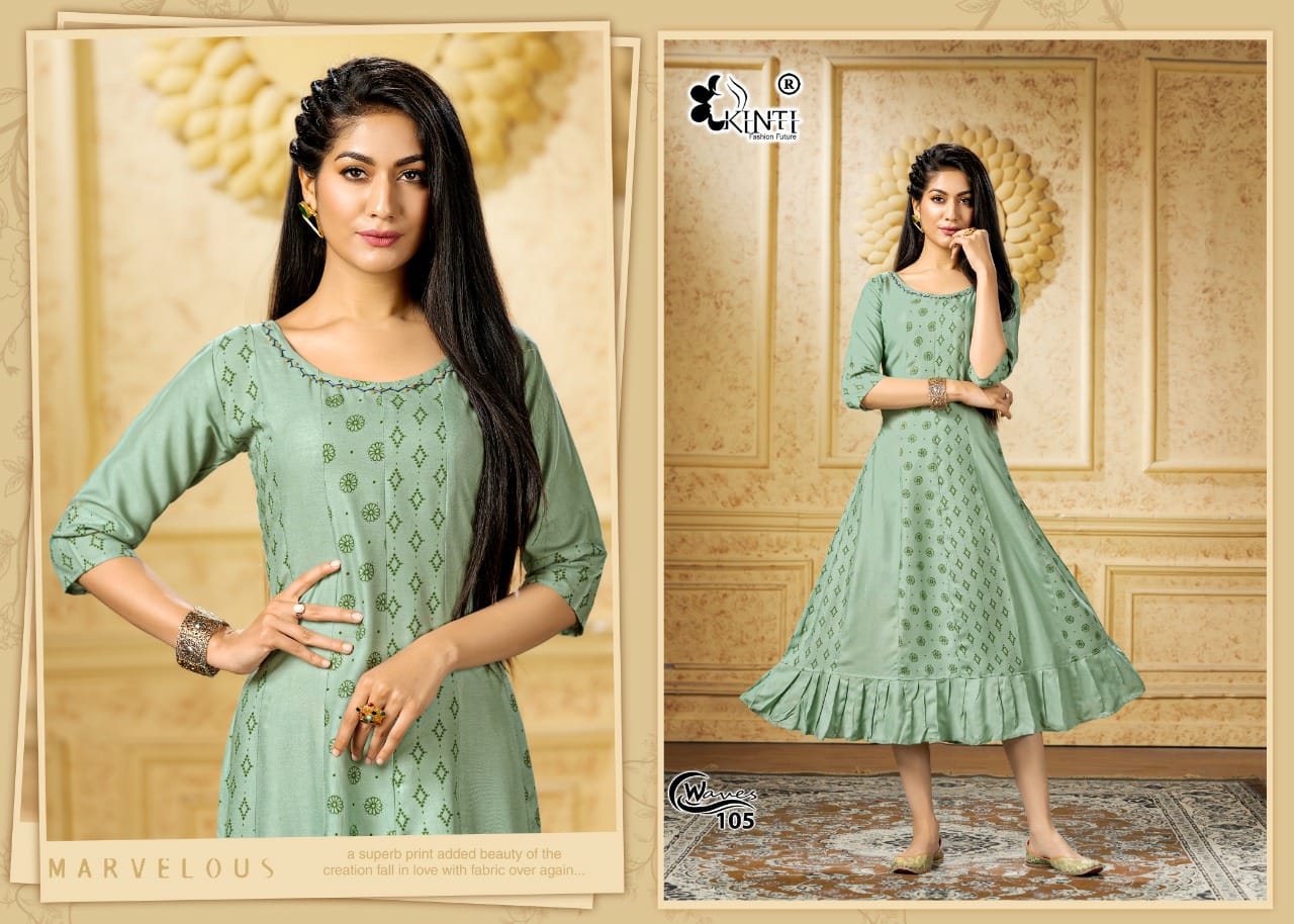 Kinti Waves Rayon Printed Ethnic Wear Designer Latest Anarkali Kurti Collection
